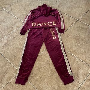 Justice girls set. Burgundy velour DANCE warm up set.